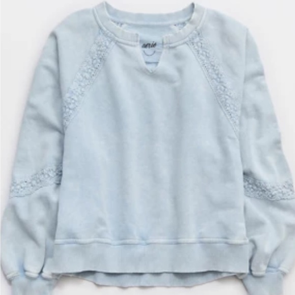 aerie Tops - Aerie Light Blue Lace-Detail Hoodie